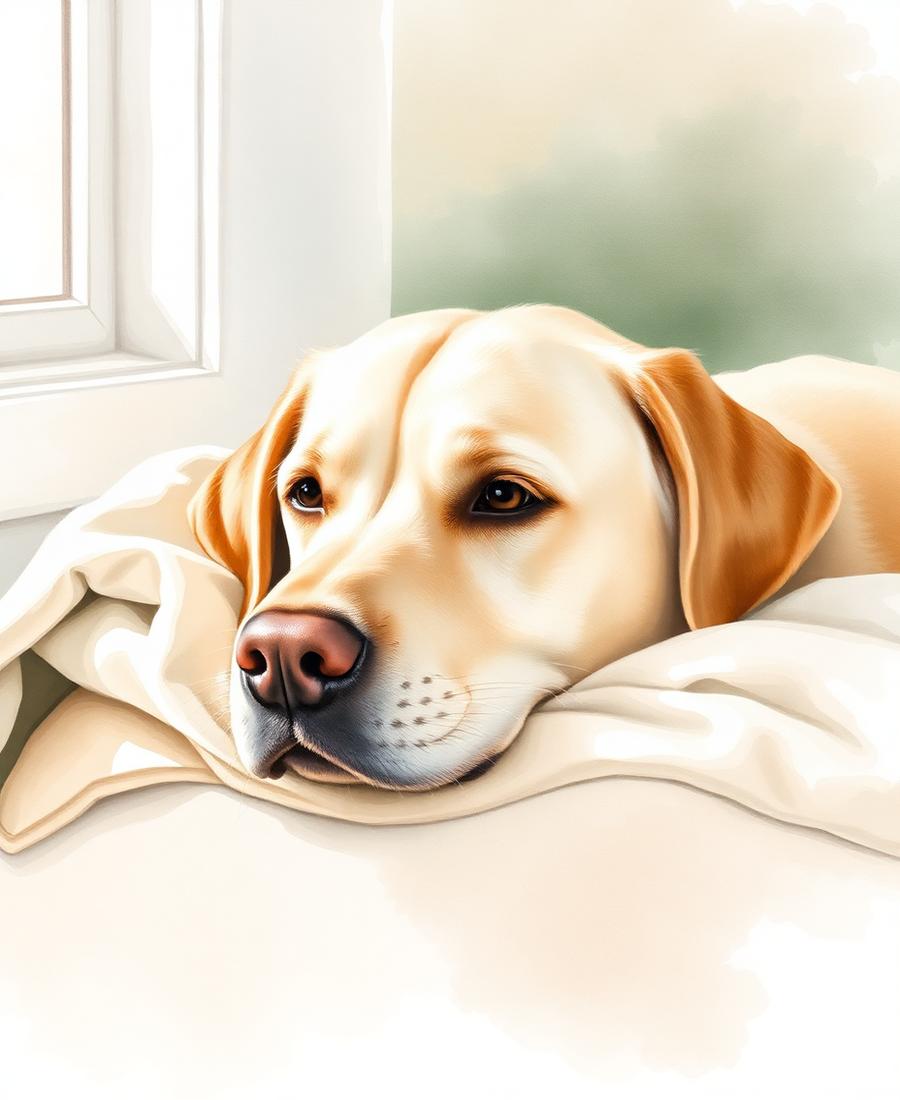 A soft watercolor of a calm labrador resting on a cream blanket.