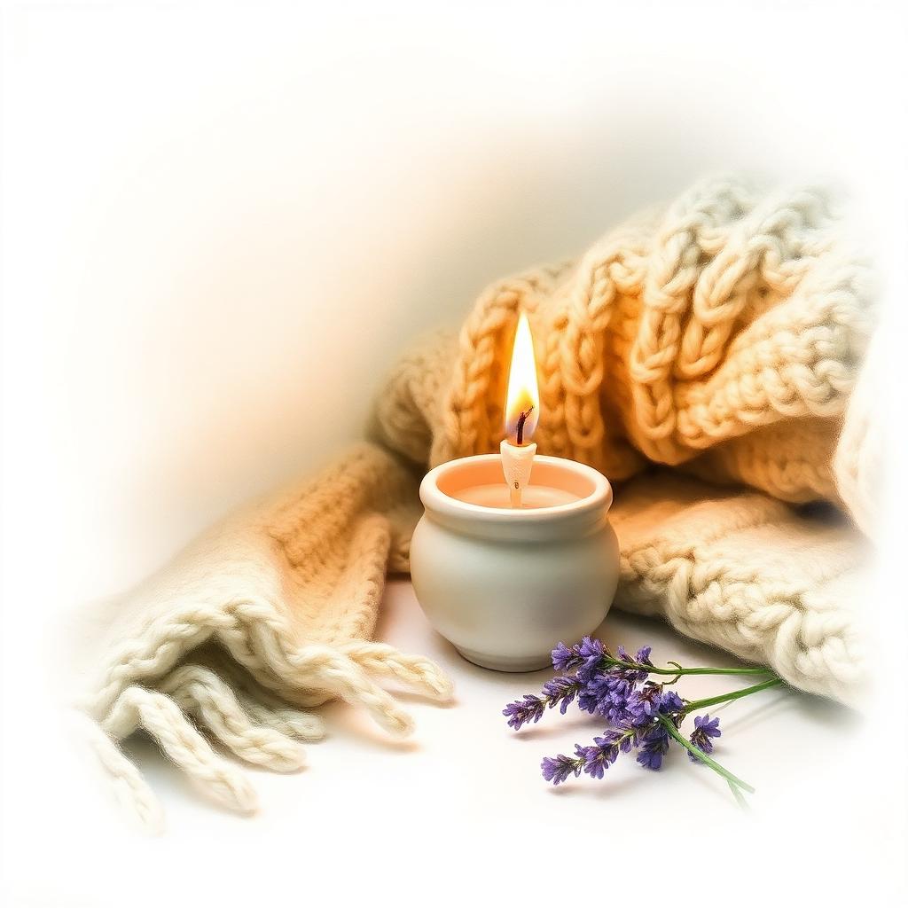 A small lit candle in a ceramic holder beside a folded knit blanket and lavender.