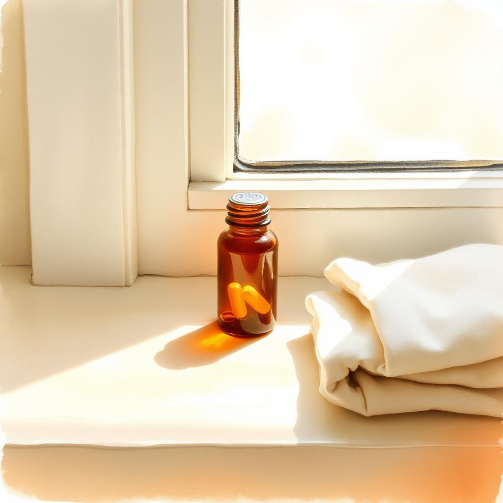 A small amber pill bottle on a sunlit windowsill beside a folded linen.