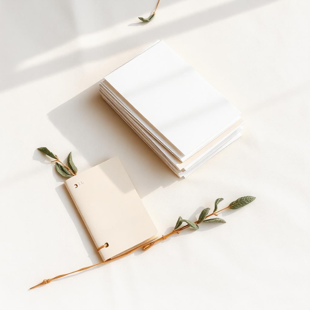 Soft folded papers and a small notebook on cream linen with dried sage leaves.