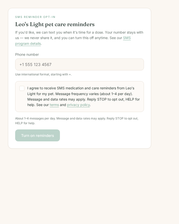 The SMS opt-in section in Account, with an empty phone field and the consent checkbox unchecked.