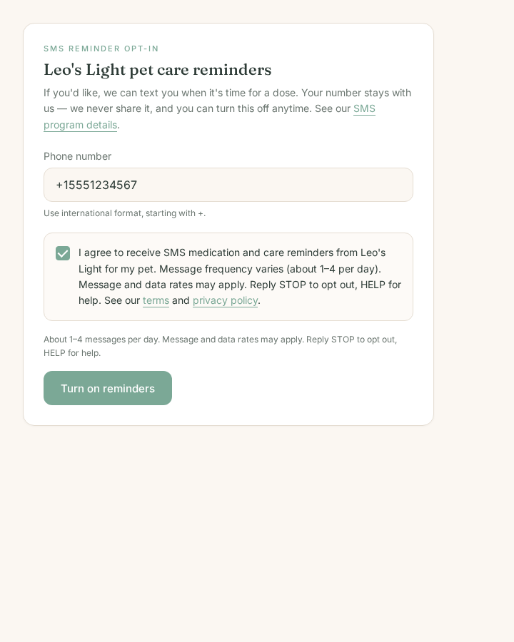 The SMS opt-in section with a phone number entered and the consent checkbox now checked, showing the consent statement and links to terms and privacy.