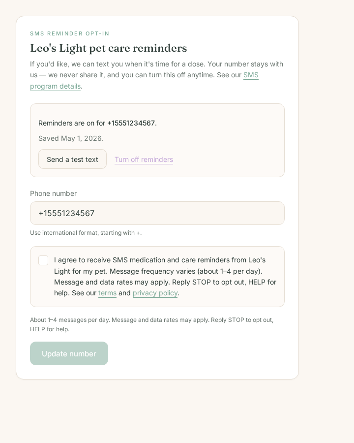 The SMS opt-in section showing a confirmation that reminders are on for the saved phone number.